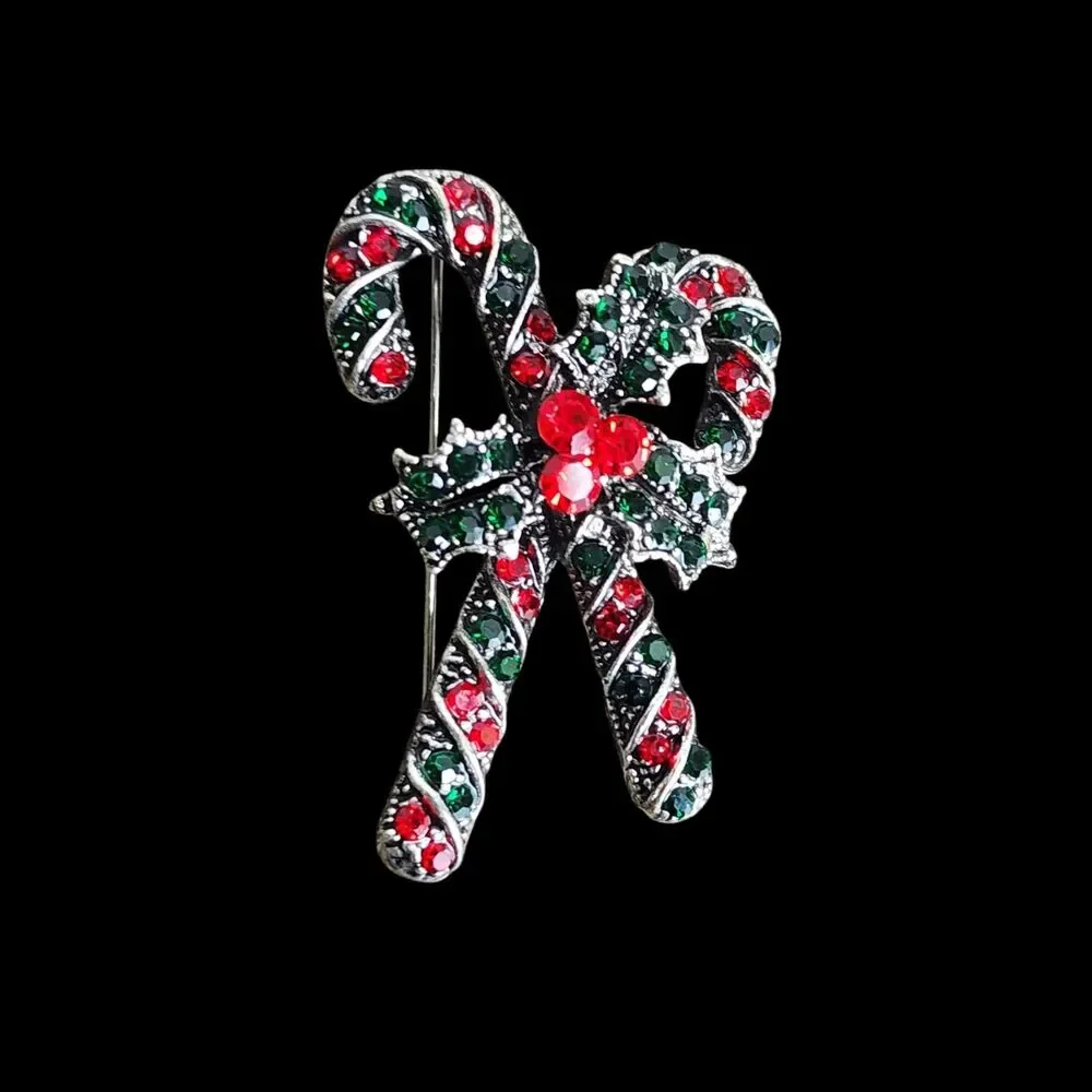 Vtg Style Christmas Candy Cane Brooch Pin Red & Green Rhinestone Holiday Jewelry
